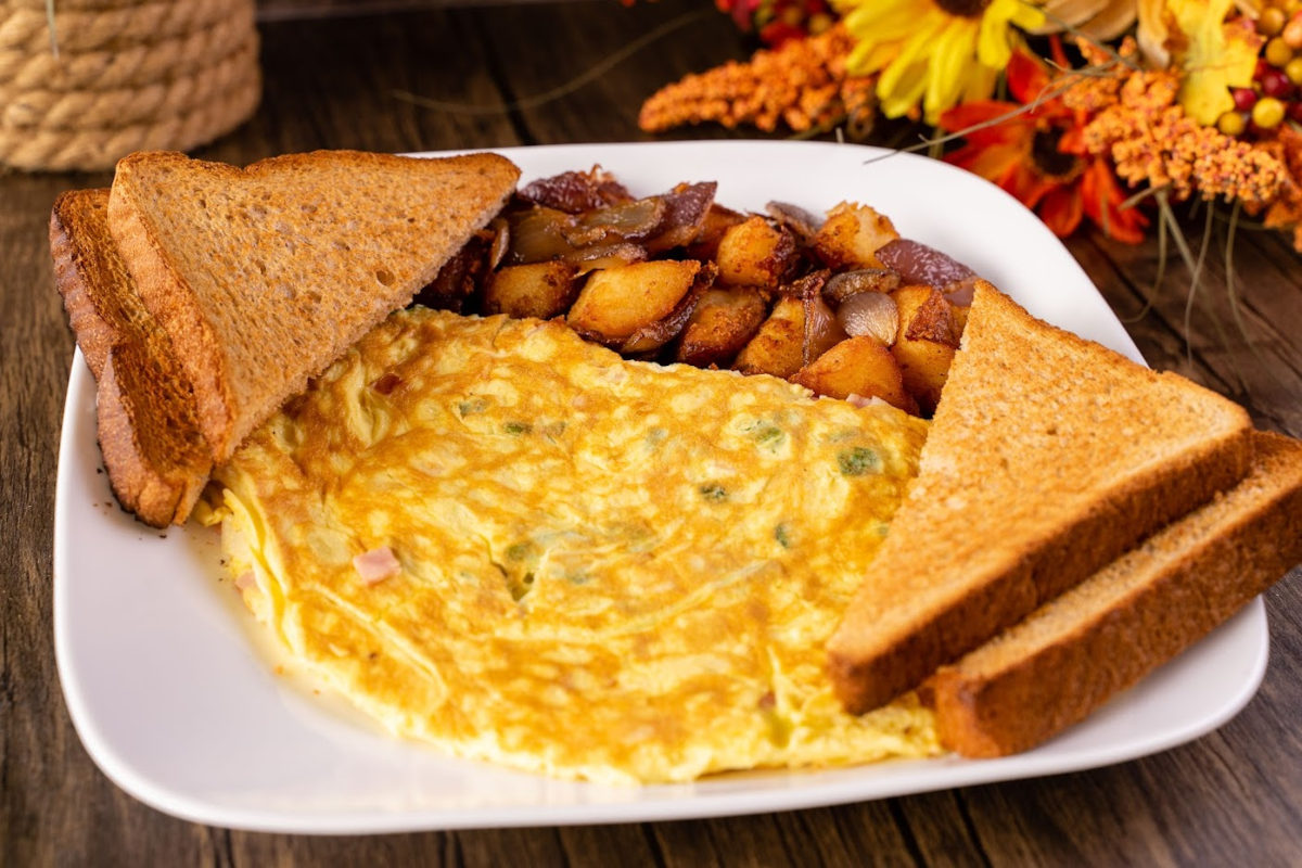 Toasted bread, eggs and baked potato